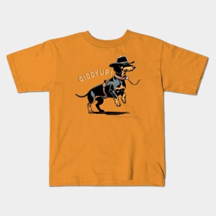 GIDDYUP! Black Tan Dachshund wearing cowboy hat & saddle Kids T-Shirt